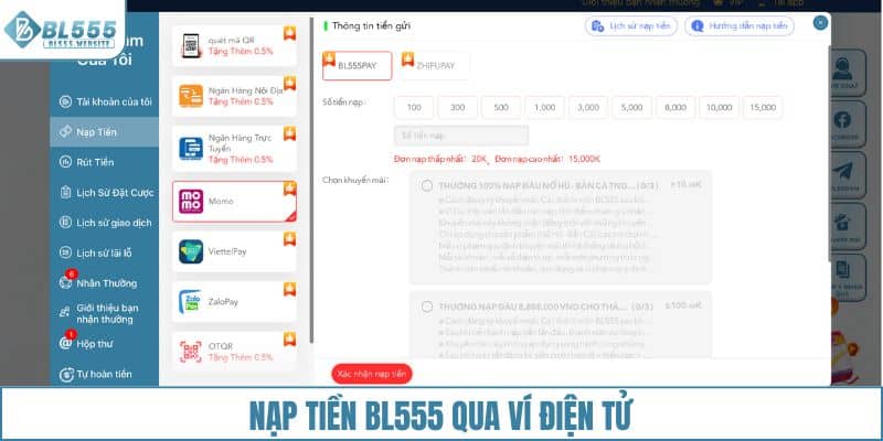 Nạp tiền BL555 qua ví điện tử